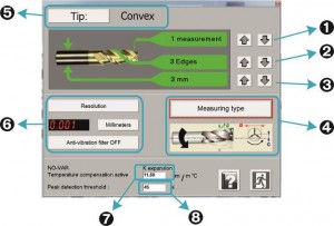 1. Anzahl der Messungen 2. Anzahl Schneidekanten 3. Durchmesser des zylindrischen Teils 4. Modus-Messung 5. lonvex/konkav Spitze 6. Auflösung und Messungseinheit 7. thermische Ausdehnung 8. Finden der Spitze über Schwellenwert
